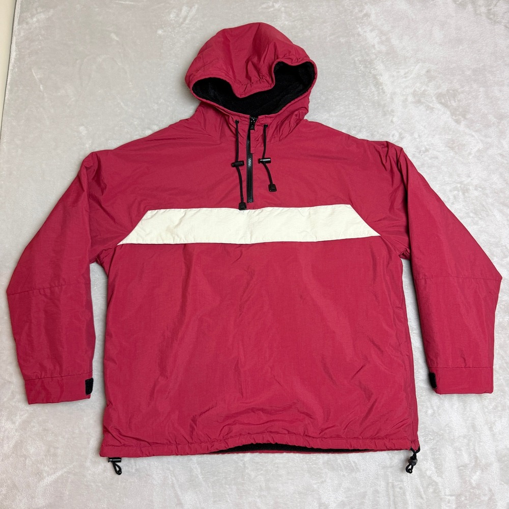 VTG 90s J.Crew Sport Anorak Jacket Men M (Fit XL) Red Fleece Lined Hooded EUC